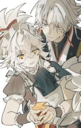  2boys age_difference aged_down alternate_costume apron blade_(honkai:_star_rail) blue_eyes earrings enmaided honkai:_star_rail honkai_(series) jewelry jing_yuan long_hair looking_down maid maid_apron maid_headdress male_focus mississipping multiple_boys open_mouth parted_bangs ponytail puffy_short_sleeves puffy_sleeves red_ribbon ribbon short_sleeves simple_background tassel tassel_earrings white_background white_hair wrist_cuffs yellow_eyes yingxing_(honkai:_star_rail) 