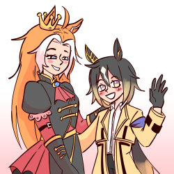  2girls absurdres ahoge animal_ears artistic_error black_dress black_gloves black_hair blue_eyes brooch coat collared_shirt dress ear_covers english_commentary forehead gloves hair_between_eyes highres horse_ears horse_girl jewelry juliet_sleeves long_hair long_sleeves looking_at_viewer multicolored_hair multiple_girls orange_hair oriental_art_(racehorse) ponytail puffy_sleeves shirt single_ear_cover smile starlinkman stay_gold_(umamusume) streaked_hair umamusume violet_eyes waving white_hair yellow_coat 