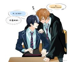  2boys absurdres aoyagi_touya black_jacket blazer blue_hair blue_jacket chinese_text closed_eyes closed_mouth collared_shirt commentary diagonal-striped_clothes diagonal-striped_necktie drawstring highres jacket kamiyama_high_school_uniform_(project_sekai) lapels layered_skirt long_sleeves looking_at_another male_focus mioky multicolored_hair multiple_boys necktie notched_lapels open_clothes open_jacket open_mouth orange_hair project_sekai school_uniform shinonome_akito shirt short_hair simple_background skirt speech_bubble streaked_hair striped_clothes symbol-only_commentary translation_request twitter_username two-tone_hair white_background white_shirt 