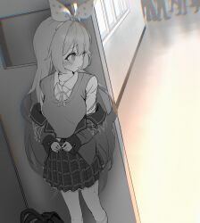  1girl absurdres artist_request blush closed_mouth collared_shirt commentary_request commission hallway hiding highres indoors jacket jacket_partially_removed korean_commentary long_hair neck_ribbon original pleated_skirt ribbon school second-party_source shirt skirt solo_focus standing sweater_vest very_long_hair 