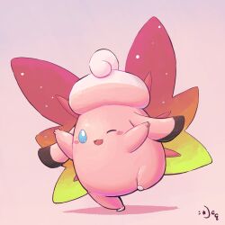  aquabluu blush blush_stickers clefable colored_skin fairy_wings full_body gradient_wings highres looking_at_viewer mega_clefable mega_pokemon multicolored_wings one_eye_closed open_mouth pink_skin pokemon pokemon_(creature) pokemon_focus pokemon_legends:_z-a simple_background smile solo wings 