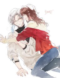  1boy 1girl ^_^ absurdres arm_support black_pants black_shirt blue_pants breath brown_hair cardigan chinese_commentary closed_eyes closed_mouth couple curtained_hair earrings exasperation face-to-face facing_another feet_out_of_frame girl_on_top glasses hetero highres jacket jewelry layered_sleeves light_blush long_hair long_sleeves looking_at_another mask mask_pull mouth_mask off_shoulder one_eye_closed outstretched_arm pants parted_lips profile red_jacket rosa_(tears_of_themis) semi-rimless_eyewear shirt short_hair short_over_long_sleeves short_sleeves sideways_glance signature simple_background sitting sitting_on_person sleeves_past_wrists smile sparkle straddling stud_earrings surgical_mask sweater tears_of_themis thigh_straddling three-quarter_sleeves turtleneck turtleneck_shirt upright_straddle vyn_richter_(tears_of_themis) white_background white_cardigan white_hair white_sweater xue_ezi yellow_eyes 