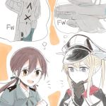  &gt;:d 2girls :d blonde_hair blue_eyes brown_eyes brown_hair chin_grab fw_190 gertrud_barkhorn gloves graf_zeppelin_(kantai_collection) hat itomugi-kun kantai_collection lowres multiple_girls open_mouth orange_background pale_skin ribbon simple_background smile strike_witches thought_bubble twintails 