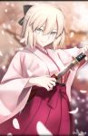  1girl animal_ears blonde_hair fate/grand_order fate_(series) grey_eyes hair_ribbon highres holding_sword holding_weapon katana long_hair magicians_(zhkahogigzkh) petals ribbon sakura_saber sheath short_hair smile solo sword unsheathing weapon 