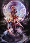  1girl diana_(league_of_legends) floating_hair forehead_jewel full_body goddess helmet huge_weapon league_of_legends long_hair muju pauldrons polearm purple_hair solo thigh-highs very_long_hair weapon 