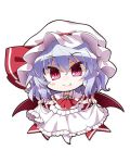  1girl akaneya bat_wings blush_stickers brooch chibi curtsey dress fang fang_out hat jewelry mob_cap purple_hair remilia_scarlet short_hair solo touhou violet_eyes wings 