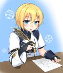  1girl :d black_gloves blonde_hair blue_background blue_eyes blush drawing fingerless_gloves gloves highres looking_at_viewer open_mouth original paper phantasy_star phantasy_star_online_2 quill ryou@ryou short_hair smile solo table upper_body 