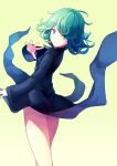  1girl ass black_dress curly_hair dress evers green_eyes green_hair looking_at_viewer onepunch_man outstretched_hand short_hair simple_background smile solo tatsumaki 