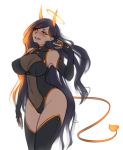 1girl bare_shoulders black_hair breasts demon_girl demon_tail elbow_gloves fingerless_gloves gloves halo horns large_breasts long_hair monorus orange_eyes pointy_ears simple_background sintan smile solo tail the_sinner_gate thigh-highs very_long_hair white_background 