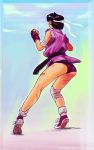  1girl alternate_color alternate_costume ass bandages bandaid black_hair buruma clenched_hand dougi fingerless_gloves from_behind full_body gloves headband kasugano_sakura madguymao shoes short_hair sneakers socks solo street_fighter street_fighter_iv tiptoes 