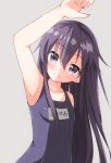  1girl akatsuki_(kantai_collection) arm_up armpits bare_shoulders blush hair_between_eyes kantai_collection long_hair looking_at_viewer name_tag one-piece_swimsuit purple_hair school_swimsuit simple_background smile solo swimsuit violet_eyes yuzuru_(hayuiop123) 