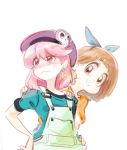  2girls :&gt; blush bob_cut brown_hair casual cheese earrings gyosone hat jakuzure_nonon jewelry kill_la_kill looking_at_viewer looking_away mankanshoku_mako multiple_girls overalls pink_eyes pink_hair short_hair smile sweatdrop wavy_mouth 