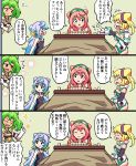  1boy bare_shoulders blonde_hair blue_hair blush board_game breasts closed_eyes elbow_gloves gloves green_hair hacka_doll hacka_doll_1 hacka_doll_2 hacka_doll_3 hacka_doll_4 highres kotatsu long_hair mahjong mahjong_table mahjong_tile multiple_girls open_mouth otoko_no_ko pink_hair sanaemaru short_hair smile strip_mahjong table twintails white_gloves 