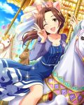  1girl amusement_park animal_ears artist_request brown_eyes brown_hair carousel cat_ears clouds ferris_wheel horse idolmaster idolmaster_cinderella_girls jpeg_artifacts kawashima_mizuki long_hair official_art one_eye_closed solo sparkle v 