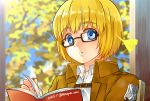  1boy armin_arlert blonde_hair blue_eyes book dated glasses moxue_qianxi shingeki_no_kyojin short_hair tree uniform 