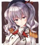  1girl blue_eyes blush breasts gloves hat kantai_collection kashima_(kantai_collection) large_breasts looking_at_viewer military military_uniform silver_hair smile suien twintails uniform wavy_hair white_gloves 