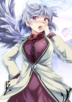  1girl blush bowtie breasts brooch coat come_hither commentary dress e.o. finger_in_mouth finger_licking grey_hair half_updo highres jewelry kishin_sagume large_breasts licking looking_at_viewer saliva sexually_suggestive short_hair silver_hair single_wing solo tongue tongue_out touhou violet_eyes wings zoom_layer 