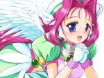  1girl :d bangs blue_eyes corrector_yui gloves hat kisaragi_haruna long_hair magical_girl obara_gaun open_mouth parted_bangs pink_hair puffy_sleeves skirt smile solo white_background white_gloves white_wings wings 