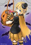  1girl bat blonde_hair blue_eyes blush candy cape chocolate_bar cookie eating food halloween halloween_costume hat jack-o&#039;-lantern lollipop looking_at_viewer looking_back original ryou@ryou short_hair solo striped striped_legwear thigh-highs tsurime twitter_username 