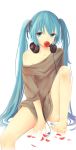  1girl absurdres barefoot black_ribbon blue_eyes blue_hair dre flower flower_in_mouth hair_ribbon hatsune_miku headphones headphones_around_neck highres long_hair looking_at_viewer off-shoulder_shirt off_shoulder ribbon shirt simple_background solo sweater twintails vocaloid white_background 