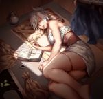  1girl absurdres anklet bandaid bare_arms barefoot blank_page book breasts cleavage closed_eyes dress green_ribbon highres indoors ink jewelry jug league_of_legends legs nail_polish nib_pen_(medium) open_book parted_lips ponytail ribbon riven_(league_of_legends) sack sash short_hair sleeping solo sunlight thighs traditional_media white_dress white_hair white_nails wooden_wall 
