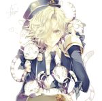  artist_name black_necktie blonde_hair collared_shirt gokotai gokotai&#039;s_tigers hair_over_one_eye hat highres jacket long_sleeves looking_at_viewer male_focus military military_uniform necktie petting shiro_(himawari) shirt signature sleeves_folded_up smile solo tiger tiger_cub touken_ranbu uniform white_shirt white_tiger yellow_eyes 