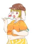  1girl animal_ears belly blonde_hair breasts crop_top dango ears_down eating fat food hat looking_at_viewer navel pinky_out plump rabbit_ears red_eyes ringo_(touhou) round_teeth sape_(saperon_black) shirt short_hair solo striped_shorts teeth touhou wagashi 