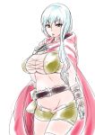  1girl belt breasts cape cecily_(sennen_sensou_aigis) chiyo_koharu cleavage fingerless_gloves gloves groin large_breasts long_hair looking_at_viewer parted_lips sennen_sensou_aigis short_shorts shorts simple_background solo white_background white_hair 
