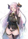  1girl bare_shoulders black_gloves black_legwear black_panties blue_eyes breasts coat curvy elbow_gloves gloves granblue_fantasy hair_ornament hair_over_one_eye highres horns large_breasts narumeia_(granblue_fantasy) no_pants open_clothes open_coat open_mouth panties pointy_ears shirt silver_hair single_thighhigh smile solo taishi_(picchiridou) teeth thigh-highs underwear 
