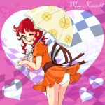  1girl brown_ribbon character_name checkered clover curly_hair dress dress_lift g-hiiragi green_eyes heart kanzaki_megu looking_at_viewer majokko_megu-chan official_style oldschool one_eye_closed orange_dress panties pantyshot pantyshot_(standing) puffy_short_sleeves puffy_sleeves redhead ribbon short_dress short_hair short_sleeves sidelocks solo standing umbrella underwear white_panties 