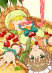  1girl brown_hair cherry food food_themed_clothes fruit fruit_tart green_eyes headdress looking_at_viewer lying midriff ninomoto on_back open_mouth original outstretched_arms personification short_hair skirt smile solo thigh-highs 