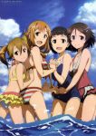  4girls :d absurdres ass asuna_(sao) back bikini bikini_skirt black_eyes breasts brown_hair casual_one-piece_swimsuit cleavage competition_school_swimsuit freckles girl_sandwich hair_ornament hairclip half_updo hands_on_another&#039;s_back hands_on_another&#039;s_stomach highres holding_hands in_water kirigaya_suguha lisbeth long_hair multiple_girls ocean official_art one-piece_swimsuit open_mouth sandwiched school_swimsuit short_hair short_twintails silica smile striped striped_bikini striped_swimsuit swimsuit sword_art_online twintails wading watanabe_keisuke water 