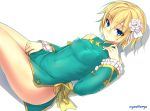  1girl artist_name blonde_hair blue_eyes china_dress chinese_clothes covered_navel covered_nipples detached_sleeves flower hair_flower hair_ornament highres looking_at_viewer lying on_back original phantasy_star phantasy_star_online_2 rinna_repca ryou@ryou short_hair simple_background solo white_background 