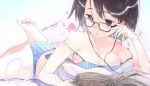  1girl adjusting_glasses akiru_(igel-flutter) bangs bare_shoulders barefoot black_eyes black_hair blue_bra blue_panties book bow bow_bra bra breasts cable cleavage collarbone colored_eyelashes earphones flower glasses gradient gradient_background hair_between_eyes heart holding holding_book looking_at_viewer lying on_stomach open_book open_clothes original panties pillow short_hair signature soles solo strap_slip twitter_username underwear underwear_only 