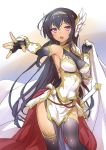  1girl 47agdragon armor armored_dress armpits black_gloves black_hair black_legwear circlet dark_skin elbow_gloves fingerless_gloves gloves headgear highres loincloth long_hair original pauldrons sketch solo sword thigh-highs turtleneck vambraces very_long_hair violet_eyes weapon 