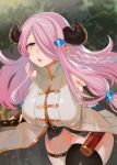  1girl black_legwear breasts fingerless_gloves gloves granblue_fantasy hair_ornament hairclip highres horns huge_breasts long_hair looking_at_viewer narumeia_(granblue_fantasy) parted_lips pink_hair pointy_ears sideboob skindentation solo thick_thighs thigh-highs thighs wide_hips yzh_chan 