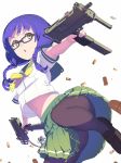  1girl aiming black-framed_glasses black_legwear bowtie braid brown_shoes bullet dual_wielding finger_on_trigger green_skirt gun hair_over_shoulder highres hisho_collection holding_gun holding_weapon loafers long_hair looking_away looking_to_the_side midriff miniskirt nagisa_kurousagi navel original outstretched_arms pantyhose pleated_skirt purple_hair school_uniform serafuku shoes short_sleeves simple_background skirt solo spread_arms torn_clothes twin_braids upshirt upskirt weapon white_background white_blouse yellow_bowtie yellow_eyes 