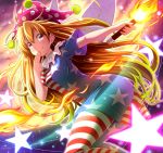  1girl american_flag_legwear american_flag_shirt ayase_midori blonde_hair clownpiece fairy_wings hand_to_own_mouth hat jester_cap long_hair looking_at_viewer pantyhose red_eyes smile solo star torch touhou very_long_hair wings 