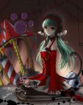  1girl absurdres aqua_hair cat_tail dress hatsune_miku highres k.syo.e+ long_hair looking_at_viewer project_diva_(series) project_diva_f red_dress solo striped striped_legwear tail vocaloid yellow_eyes 