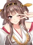  1girl blue_eyes brown_hair hairband headgear japanese_clothes kantai_collection kongou_(kantai_collection) long_hair looking_at_viewer meaomao nontraditional_miko one_eye_closed smile solo upper_body v 