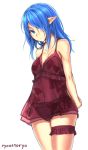  1girl arms_behind_back bare_shoulders blue_eyes blue_hair blush breasts cleavage hair_over_one_eye long_hair looking_at_viewer nightgown original pointy_ears ryou@ryou see-through simple_background solo thigh_strap white_background 