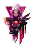  1girl alternate_costume ear_protection fiora_laurent glowing glowing_eyes league_of_legends lips muju neon_trim nose pink_eyes solo spiky_hair upper_body white_hair 