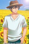  1boy akasaka_mamoru black_hair field flower flower_field hat higurashi_no_naku_koro_ni izumi_natsuka short_hair smile solo sunflower sunlight 