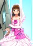  1boy 1girl bare_shoulders blush bridal_veil bride brown_eyes brown_hair dress elbow_gloves flat_chest flower gloves hair_ornament holding_hands km_(nijie104352) long_hair original pink_dress size_difference smile solo_focus veil wedding wedding_dress 