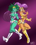  2girls blue_eyes boots breasts circlet cleavage cleavage_cutout cosplay dark_skin dirty_pair earrings eric_toner forehead_jewel green_hair green_skin headband highres jewelry kei_(dirty_pair) kei_(dirty_pair)_(cosplay) knee_boots long_hair multiple_girls pointy_ears pointy_shoes purple_background purple_hair red_eyes revision rottytops shantae shantae_(character) shoes short_hair short_shorts shorts skull_earrings very_long_hair yuri_(dirty_pair) yuri_(dirty_pair)_(cosplay) zombie 