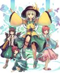  4girls animal_ears arm_cannon bird_wings black_wings bow braid cape cat_ears cat_tail culter dress floral_print flower green_dress green_eyes hair_ribbon hairband hat hat_bow heart highres juliet_sleeves kaenbyou_rin komeiji_koishi komeiji_satori long_sleeves multiple_girls multiple_tails open_mouth outstretched_arms pink_eyes pink_hair puffy_short_sleeves puffy_sleeves red_eyes redhead reiuji_utsuho ribbon shirt short_sleeves silver_hair skirt slippers smile space tail third_eye touhou twin_braids two_tails weapon wide_sleeves wings 