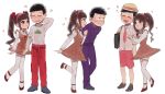  1girl 3boys arm_behind_head black_hair blush bow brothers brown_eyes chibimi chibita closed_eyes clothes_around_waist dress facial_mark genderswap hair_bow hairband hands_in_pockets hat heart heart_in_mouth highres ichimatsu jumpsuit looking_away messy_hair multiple_boys osomatsu-kun osomatsu-san osomatsu_(osomatsu-kun) pink_necktie pink_shorts porkpie_hat shorts siblings sparkle sweatdrop thigh-highs todomatsu twintails whisker_markings 