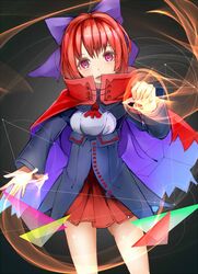  1girl bow cape cowboy_shot cravat glowing glowing_hand grey_background hair_bow head_tilt layered_dress long_sleeves looking_at_viewer open_mouth radiosity_(yousei) raised_hand red_eyes redhead sekibanki short_hair skirt solo touhou 