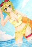  1girl adjusting_goggles ahoge arm_up armpits artist_request ass_visible_through_thighs bare_arms bare_shoulders bikini blue_sky breasts cleavage collarbone contrapposto goggles goggles_on_head green_eyes green_hair green_towel gumi hair_between_eyes highres holding horizon innertube lipstick looking_at_viewer makeup navel ocean orange_bikini see-through short_hair sky smile solo splashing swimsuit vocaloid wading water きょん 