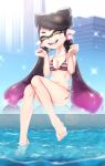  +_+ 1girl :d absurdres aori_(splatoon) barefoot bikini bow breasts cleavage domino_mask earrings eyebrows fangs feet_in_water hair_bow highres jewelry knees_together_feet_apart long_hair looking_at_viewer mask mole mole_under_eye navel open_mouth pointy_ears puchiman side-tie_bikini smile soaking_feet splatoon striped striped_bikini striped_swimsuit swimsuit tentacle_hair twintails water yellow_eyes 